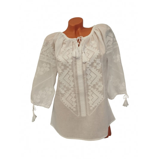 Ie Tradițională Albă cu Broderie Albă Geometrică – 100% Bumbac, Croi Lejer și Elegant