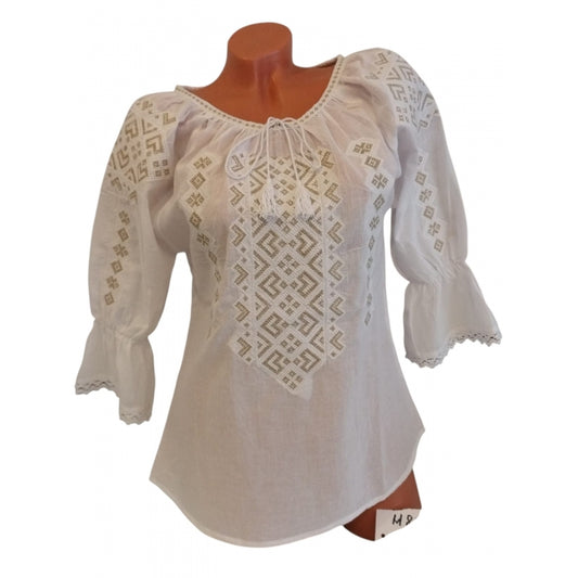 Ie tradițională albă cu broderie aurie geometrică – mărimi S-3XL