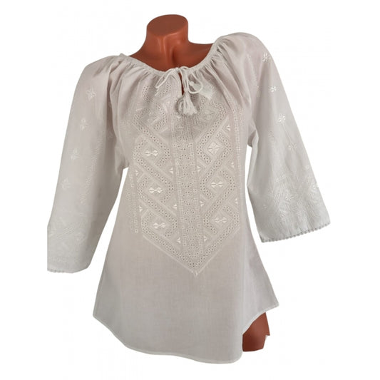 Ie Tradițională Albă cu Broderie Manuală – Model Geometric, Mărimi S-3XL