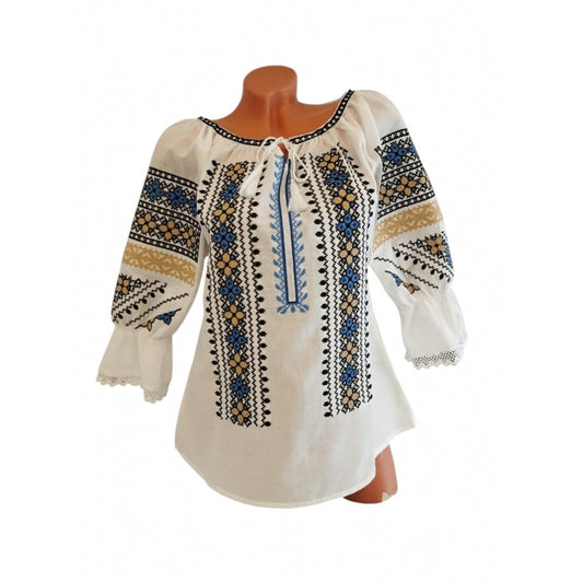 Ie Tradițională Dama cu Broderie Albastră, Neagră și Crem, Mâneca Lungă, Mărimi S-3XL