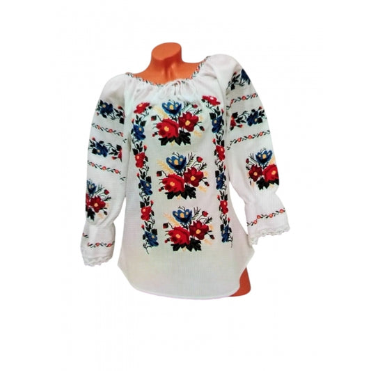 Ie Tradițională Damă cu Broderie Florală Roșie și Albastră – Mărimi S-3XL – Bumbac 100%