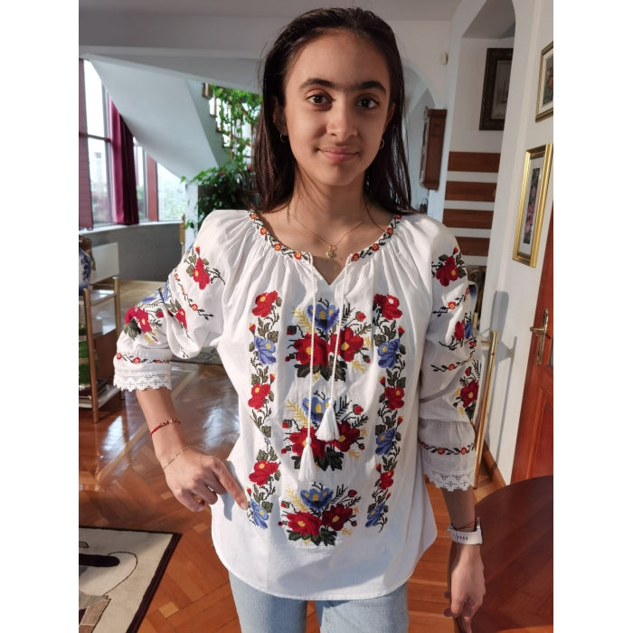 Ie Tradițională Damă cu Broderie Florală Roșie și Albastră – Mărimi S-3XL – Bumbac 100%