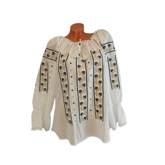 Ie Tradițională Dama cu Mâneca Lungă, Broderie Neagră și Crem, Mărimi S-3XL