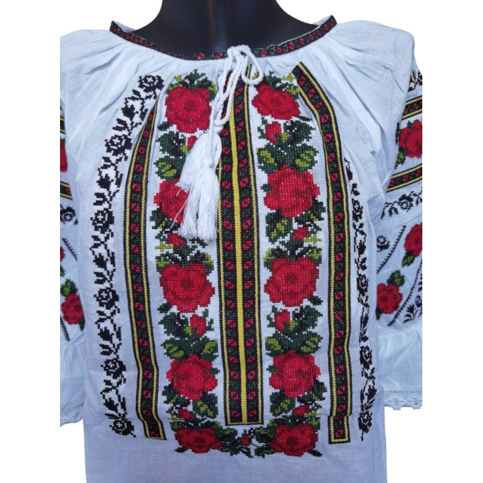 Ie Tradițională de Damă cu Broderie Florală Roșie – Mâneci Trei Sferturi – Bumbac 100%