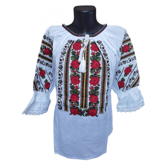 Ie Tradițională de Damă cu Broderie Florală Roșie – Mâneci Trei Sferturi – Bumbac 100%