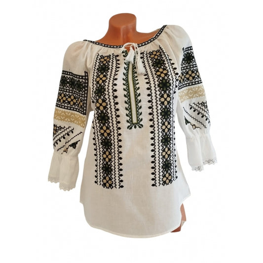 Ie Tradițională Românească Albă cu Broderie Neagră, Verde și Galben – Marimi S-3XL