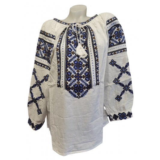 Ie Tradițională Românească cu Broderie Albastră – Model Autentic, Mărimi S-3XL