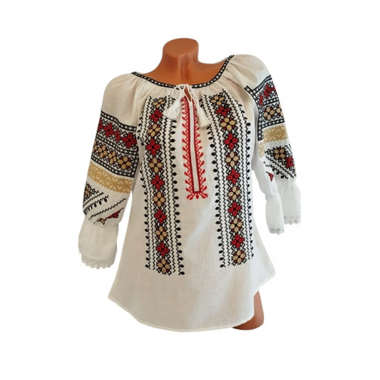 Ie Tradițională Românească cu Broderie Geometrică Roșu, Negru și Galben – Model Autentic