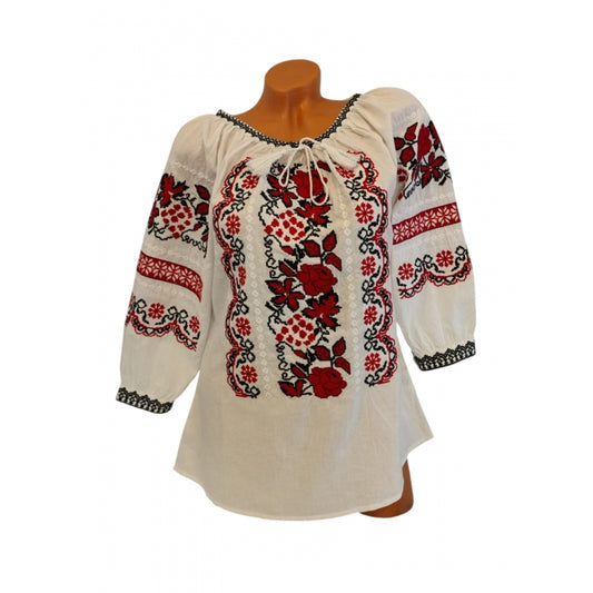 Ie Tradițională Românească de Damă – Broderie Roșie cu Flori și Motive Populare – Mărimi S-3XL