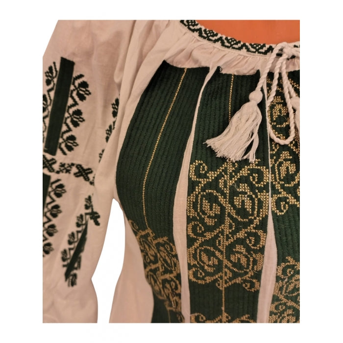 Ie Tradițională Românească de Damă – Broderie Verde cu Model Geometric – Mărimi S-3XL