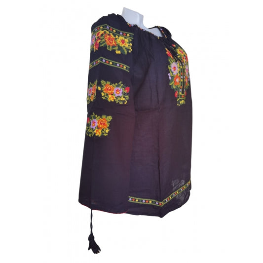 Ie Tradițională Românească Neagră – Broderie  cu Motive Florale Multicolore