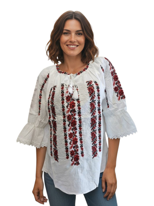Ie românească tradițională din bumbac, brodată  cu motive florale roșu-negru – mărimi S-3XL