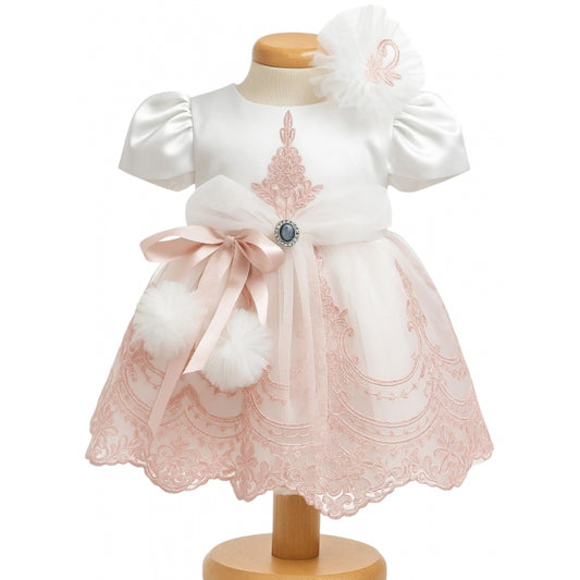 Rochiță botez fetiță roz pudrat cu broderie + botoșei + bentiță | Set elegant 3-9 luni