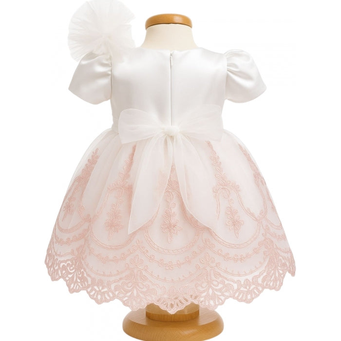 Rochiță botez fetiță roz pudrat cu broderie + botoșei + bentiță | Set elegant 3-9 luni