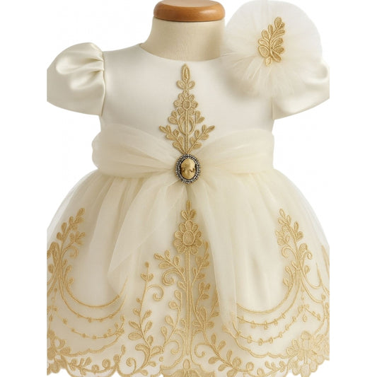 Rochiță de botez fetiță ivory cu broderie aurie + botoșei + bentiță | Set elegant 3-9 luni