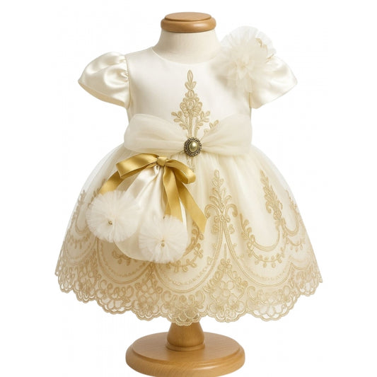 Rochiță de botez fetiță ivory cu broderie aurie + botoșei + bentiță | Set elegant 3-9 luni