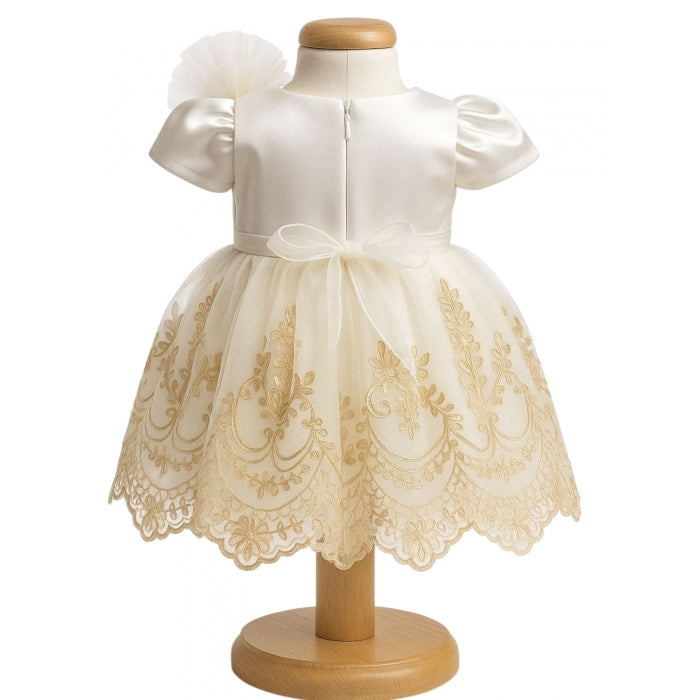 Rochiță de botez fetiță ivory cu broderie aurie + botoșei + bentiță | Set elegant 3-9 luni