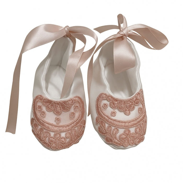Rochiță de botez fetiță ivory cu broderie roz + botoșei + bentiță | Set elegant 3-9 luni