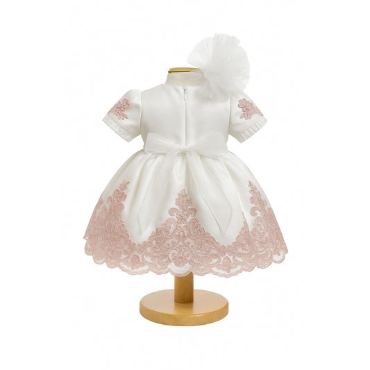 Rochiță de botez fetiță ivory cu broderie roz + botoșei + bentiță | Set elegant 3-9 luni