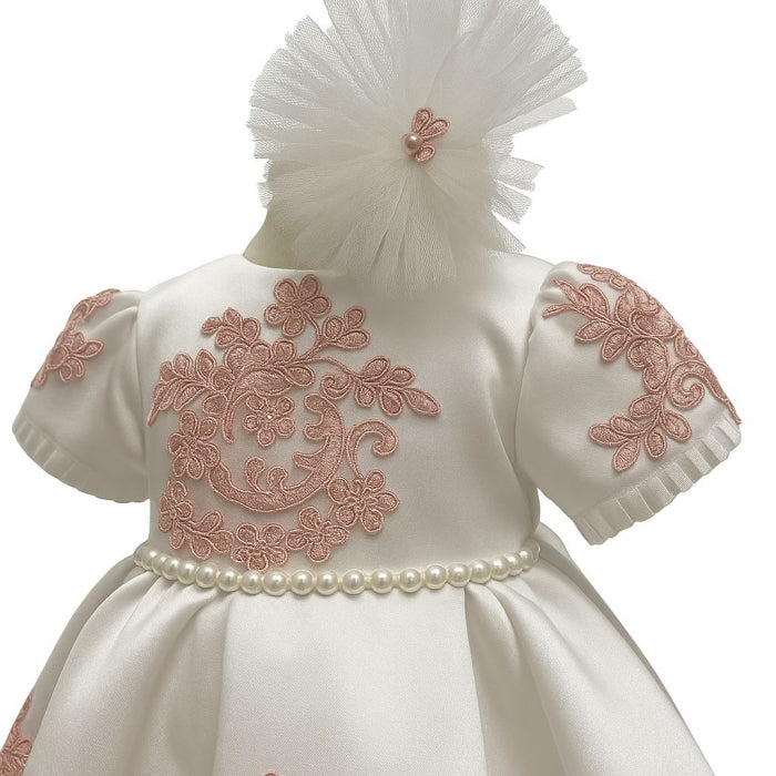 Rochiță de botez fetiță ivory cu broderie roz + botoșei + bentiță | Set elegant 3-9 luni