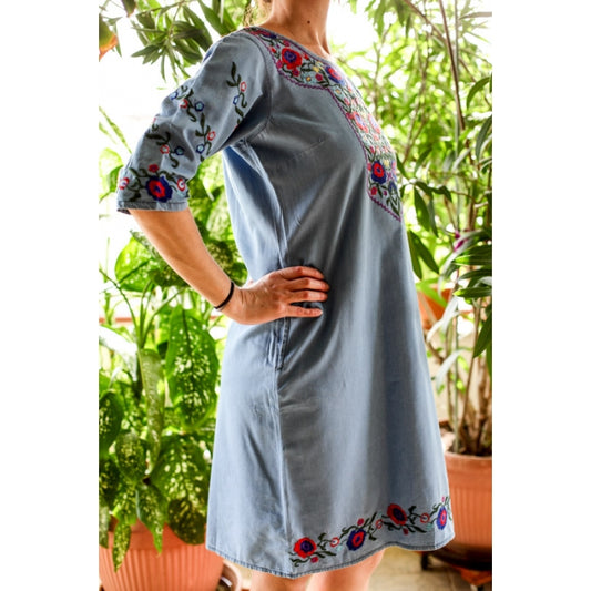 Rochie din denim cu broderie traditionala Adela