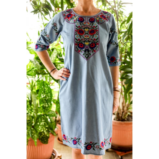 Rochie din denim cu broderie traditionala Adela