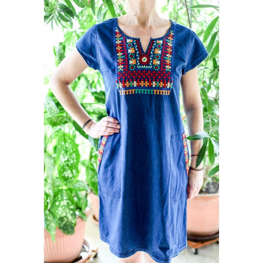 Rochie din denim cu broderie traditionala Anca