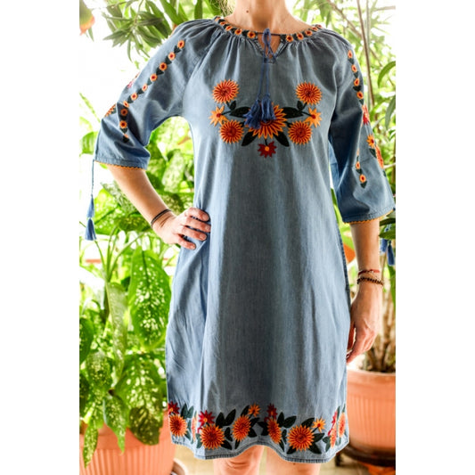 Rochie din denim cu broderie traditionala Anemona