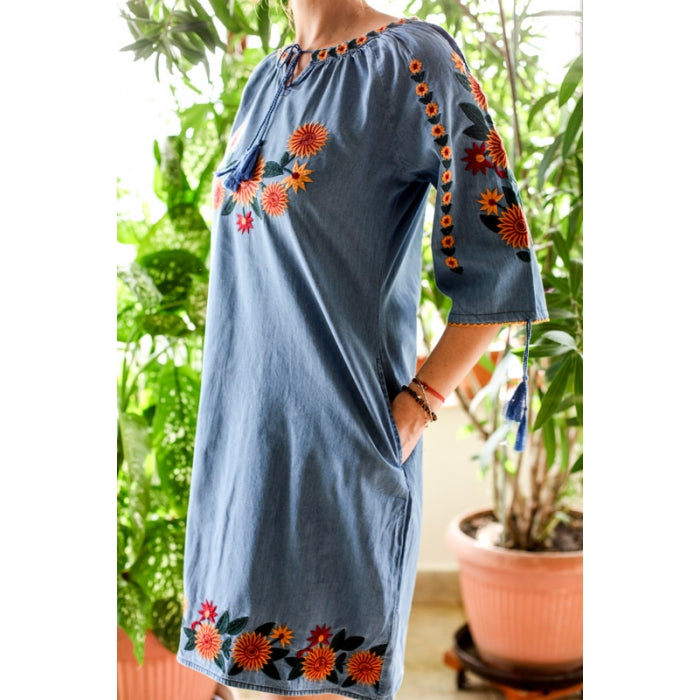 Rochie din denim cu broderie traditionala Anemona