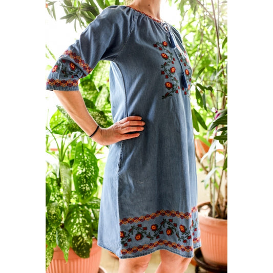 Rochie din denim cu broderie traditionala Aurelia