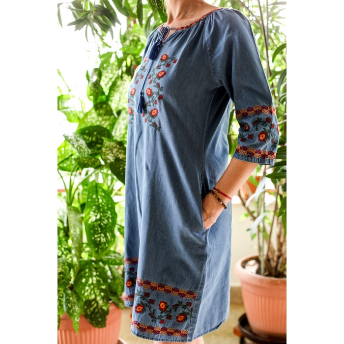 Rochie din denim cu broderie traditionala Aurelia