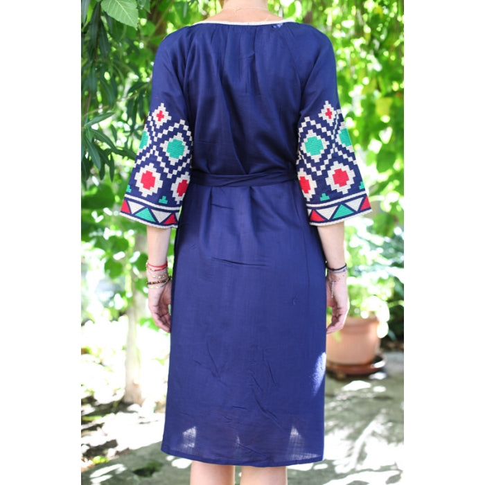 Rochie Traditionala motive geometrice bleumarin
