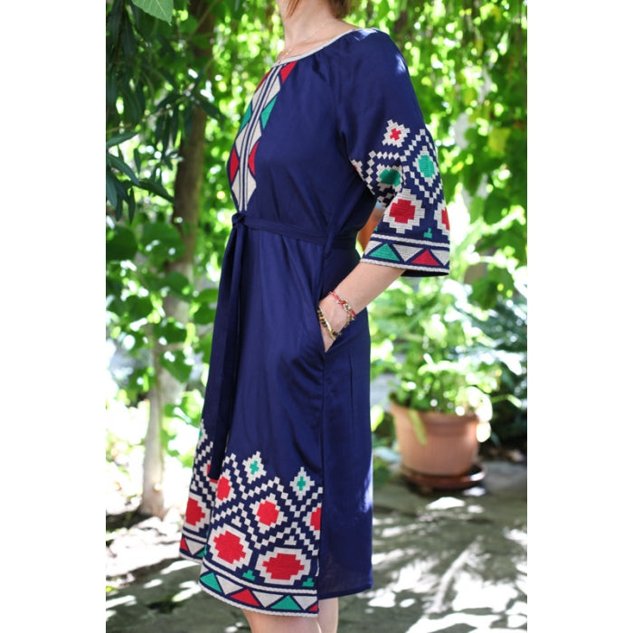 Rochie Traditionala motive geometrice bleumarin