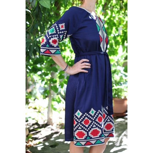 Rochie Traditionala motive geometrice bleumarin