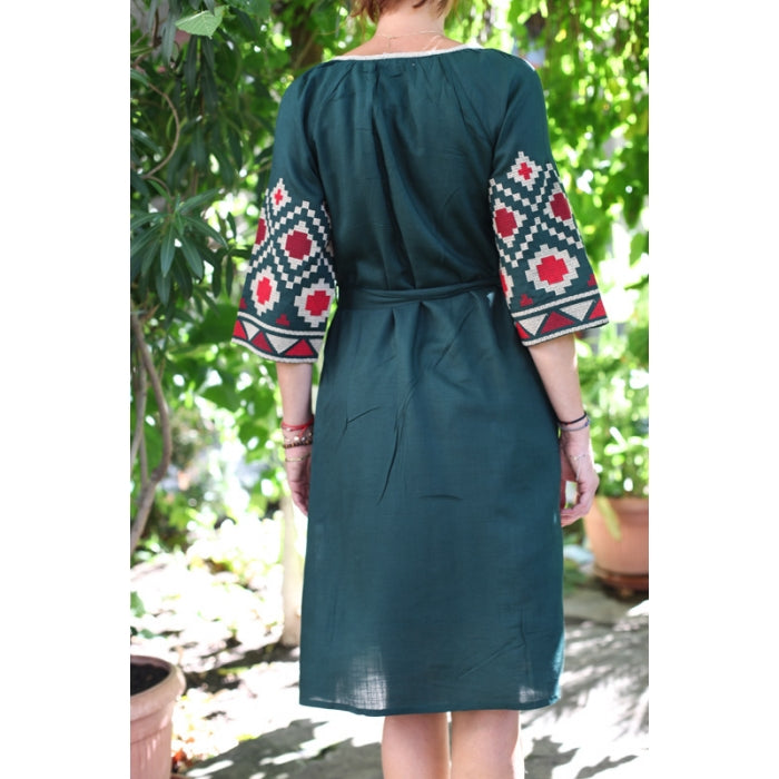 Rochie Traditionala motive geometrice verde