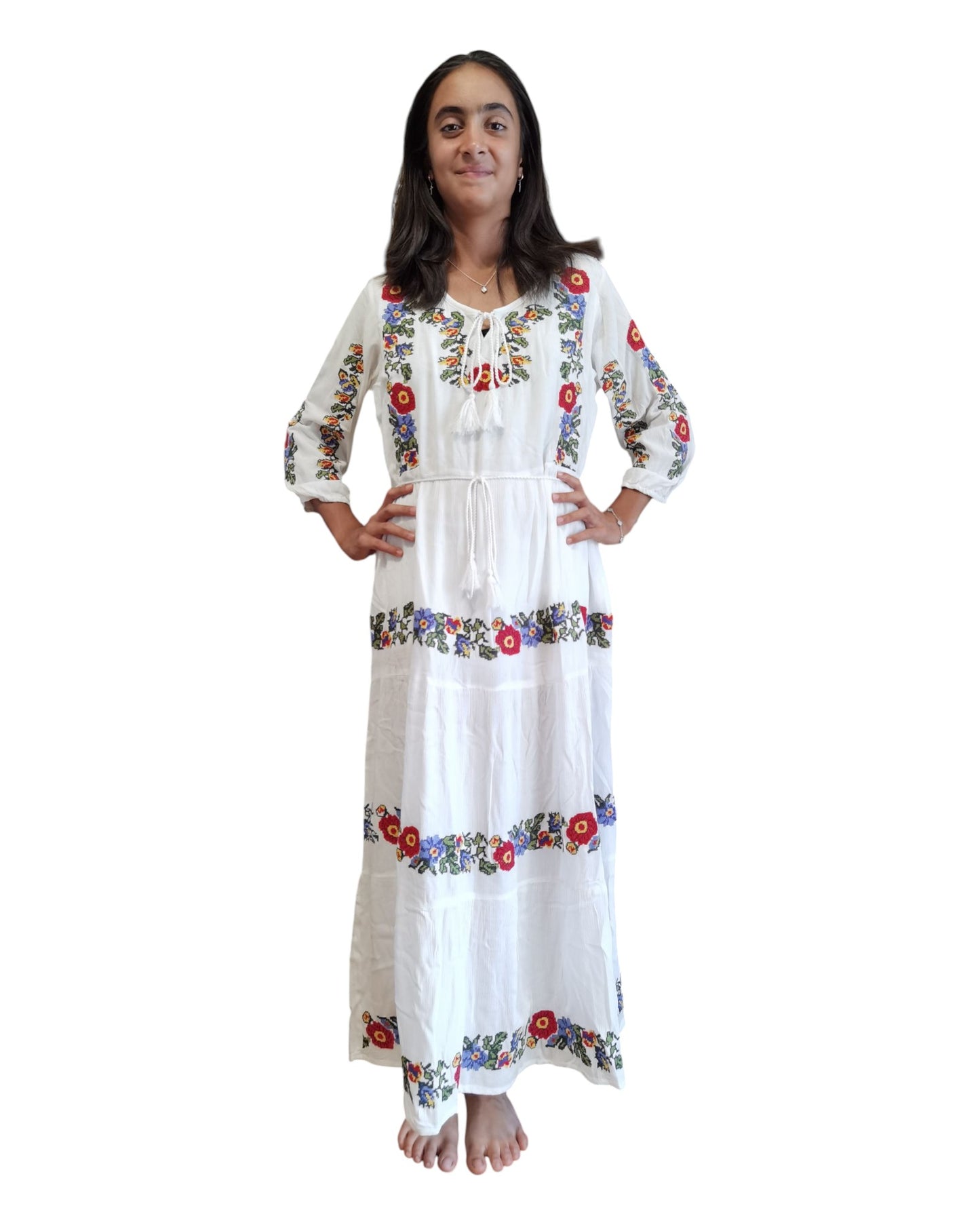 Rochie Tradițională Lungă din Crep cu Broderie Florală – Mărimi S-3XL