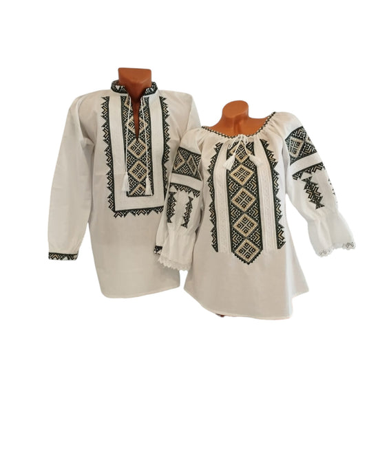 Set familie barbat dama , broderie verde cu auriu – mărimi S-3XL
