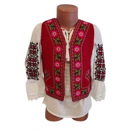 Vestă Tradițională Românească Fetițe – Roșie cu Broderie Florală – Mărimi 0-16 Ani