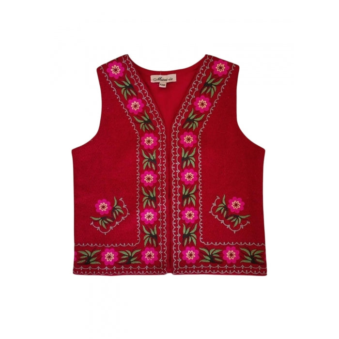 Vestă Tradițională Românească Fetițe – Roșie cu Broderie Florală – Mărimi 0-16 Ani