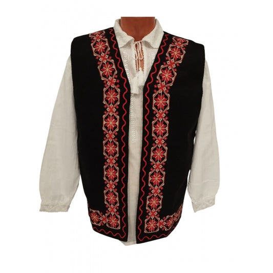 Vesta traditionale neagra cu motive geometrice rosii