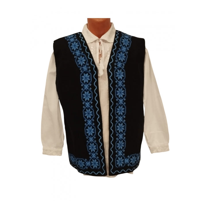Vesta traditionale neagra cu motive geometrice albastre