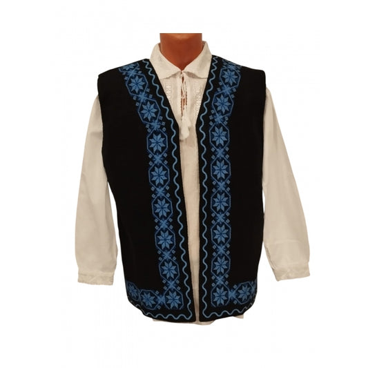 Vesta traditionale neagra cu motive geometrice albastre