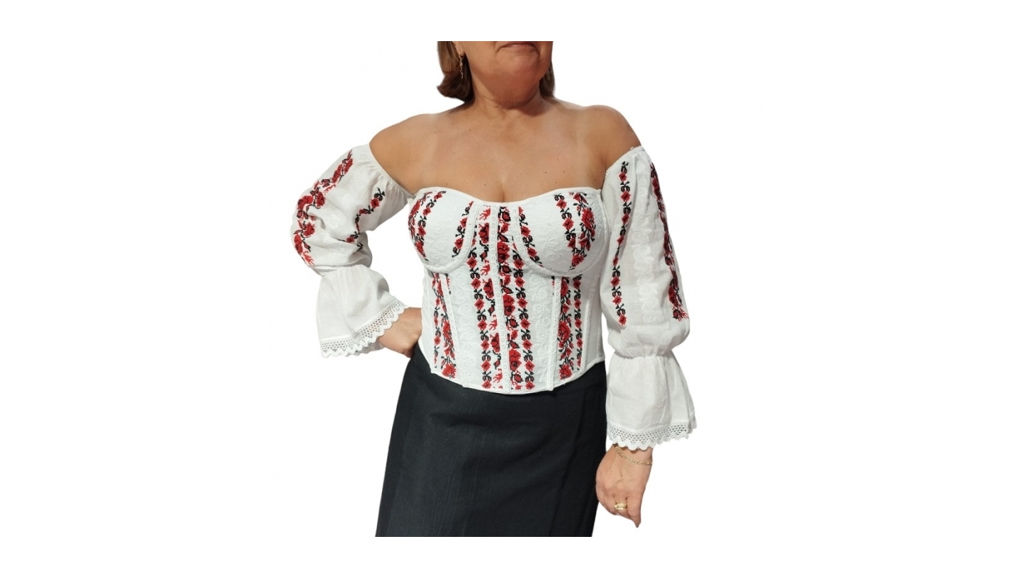 Corset Alb Brodat pentru Femei – Eleganță și Tradiție la IiRomanesti.com